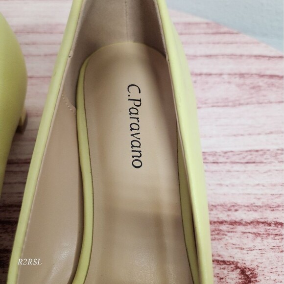 C.Paravano Metal Buckle Square Toe Low Block Heels yellow EU38/US7.5 NWOT - Picture 10 of 12